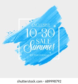 Summer Sale 10 - 30% off sign over watercolor art brush stroke paint abstract background vector illustration. Perfect acrylic design for a shop and sale banners.