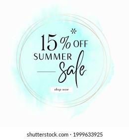Summer Sale 15% OFF Sign over aqua blue watercolor paint background - Vector. 