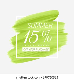 Summer Sale 15% off sign over watercolor art brush stroke paint abstract background vector illustration. Perfect acrylic design for a shop and sale banners.