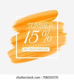 Summer Sale 15% off sign over watercolor art brush stroke paint abstract background vector illustration. Perfect acrylic design for a shop and sale banners.