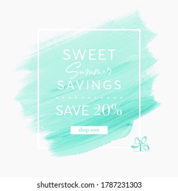 Summer Sale 20% off sign over mint art brush stroke paint abstract background vector. Perfect acrylic design for a shop banner.