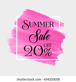 Summer sale 20% off sign over grunge brush art paint abstract texture background acrylic stroke poster vector illustration. Perfect watercolor design for a shop and sale banners.