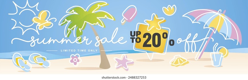 Summer Sale up to 20 percent off. Handwritten typography. Line design with colorful summer elements on the beach background