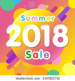 Summer sale 2018 background with flat dynamic circle design. Special offer modern yellow colored memphis for posters, flyers and banner designs. Vector illustration