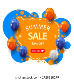 Venta de verano, hasta un 25% de descuento, banner web de descuento azul y naranja con gran oferta, botón y globos al estilo del graffiti