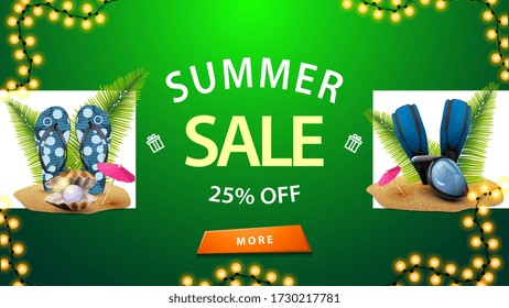 Summer sale, up to 25% off, green horizontal discount web banner with frame of bright garland, large offer, button, flip flops, flippers and diving mask