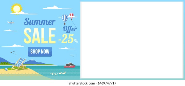 Summer sale. 25% off. Shop now. Vector illustration template. Sale for shopping, promo poster, frame, web banner.