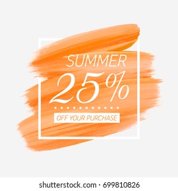 Summer Sale 25% off sign over watercolor art brush stroke paint abstract background vector illustration. Perfect acrylic design for a shop and sale banners.