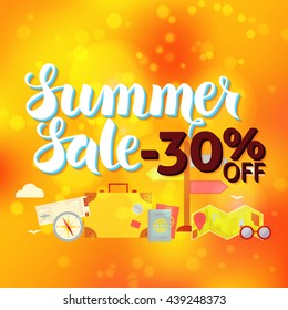 Summer Sale 30 Off Lettering over Orange Blurred Background. Vector Illustration of Travel Vacation Calligraphy Text. 