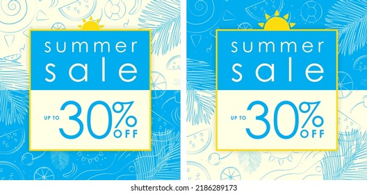 
Summer Sale Up to 30% off on Cyan and Light Yellow Background Sale Sign with yellow frame and sun symbol on top. Outline of cherry, lemon, watermelon, sea waves, palm leaf. Vector Illustration EPS 10