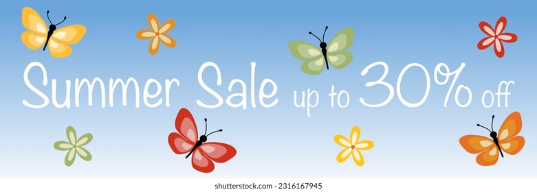 Summer Sale up to 30% off. Sales banner with butterflies and blossoms on a sky blue background.