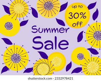 Summer sale up to 30% off. Sales banner with abstract yellow summer flowers on purple background.