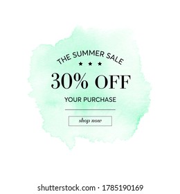 Summer Sale 30% off sign over mint watercolor art paint abstract background vector.