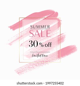 Summer Sale 30% OFF sign over pink lipstick trace brush stroke paint background. Vector. Abstract. 