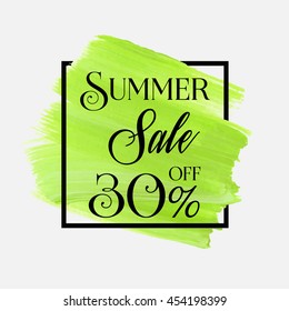 Summer sale 30% off sign over grunge brush art paint abstract texture background acrylic stroke poster vector illustration. Perfect watercolor design for a shop and sale banners.
