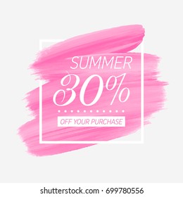 Summer Sale 30% off sign over watercolor art brush stroke paint abstract background vector illustration. Perfect acrylic design for a shop and sale banners.