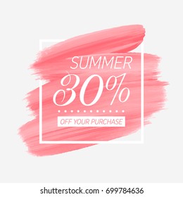 Summer Sale 30% off sign over watercolor art brush stroke paint abstract background vector illustration. Perfect acrylic design for a shop and sale banners.