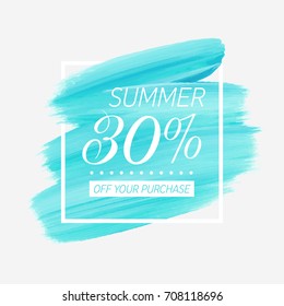 Summer Sale 30% off sign over watercolor art brush stroke paint abstract background vector illustration. Perfect acrylic design for a shop and sale banners.