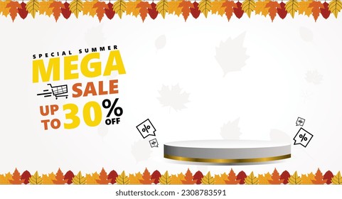 summer sale 30 percent discount sale banner template with stage podium product space. leaf ornament vector illustration. isolated on white background