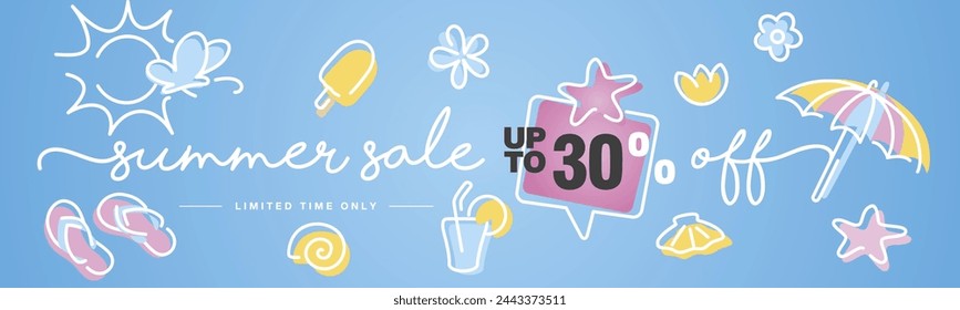 Summer Sale up to 30% percent off speech bubble handwritten typography lettering line design colorful ice cream parasol shells starfish thongs cocktail flowers butterflies and sun blue greeting card