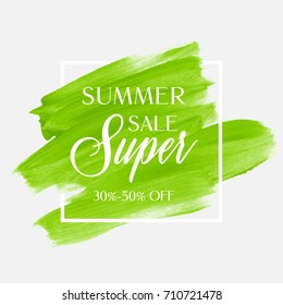 Summer Sale 30-50% Off Sign Over Watercolor Art Brush Stroke Paint Abstract Background Vector Illustration. Perfect Acrylic Design For A Shop And Sale Banners.