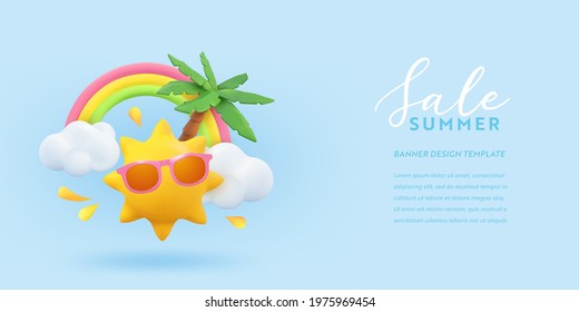 Summer Sale 3D Banner Design. Realistische Rendering-Szene tropischen Palmen, Sonne, Regenbogen, Wolke. Tropisches Promo-Angebot, Holiday Web-Poster, saisonaler Rabatt, Coupon-Broschüre, Gutschein.  Summertime-Layout