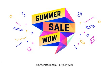 Summer Sale. 3d sale banner with text Summer Sale Wow for emotion, motivation. Modern 3d colorful web template on black backdrop. Design elements for sale, discount. Vector Illustration