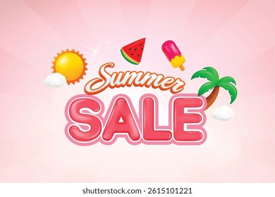 Summer sale 3d 3d editable text and elements with ice cream, coconut tree and watermelon 3d style. 3d summer banner and background design