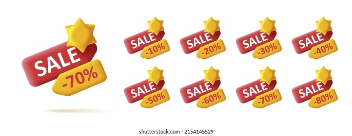 Summer sale 3d labels set with price tag and percent off numbers with sun stylized icon. Vector illustration