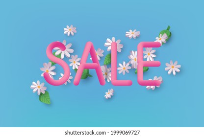 Summer Sale 3d text vector banner design with Daisy Flowers on a background. 3D Web Vector Illustrations.