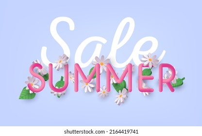 Venta de verano 3d diseño de banner vectorial de texto con flores de margarita en un fondo. Ilustraciones de vectores Web 3D.