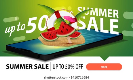 Summer sale, 3D web banner for web site with watermelon slices, palm leaves and lifeline