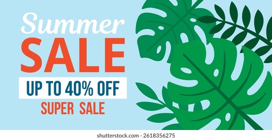 Summer Sale, Up to 40% Off. Fresh Bright Banner For Your Website. Summer Super Sale Illustration. 