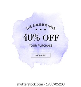 Summer Sale 40% off sign over lavender watercolor art paint abstract background vector.	