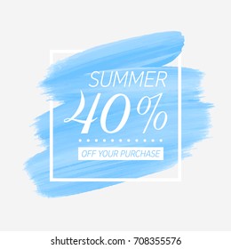 Summer Sale 40% off sign over watercolor art brush stroke paint abstract background vector illustration. Perfect acrylic design for a shop and sale banners.