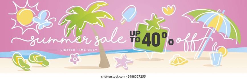 Summer Sale up to 40 percent off. Handwritten typography. Line design with colorful summer elements on the beach background