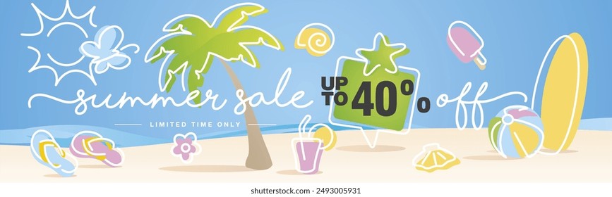 Summer Sale up to 40 percent off. Handwritten typography. Line design with colorful summer elements on the beach background