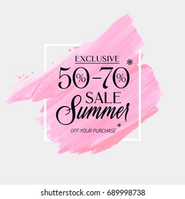 Summer Sale 50 - 70% off sign over watercolor art brush stroke paint abstract background vector illustration. Perfect acrylic design for a shop and sale banners.