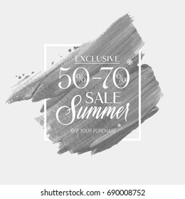 Summer Sale 50 - 70% off sign over watercolor art brush stroke paint abstract background vector illustration. Perfect acrylic design for a shop and sale banners.