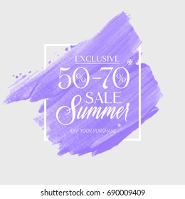Summer Sale 50 - 70% off sign over watercolor art brush stroke paint abstract background vector illustration. Perfect acrylic design for a shop and sale banners.