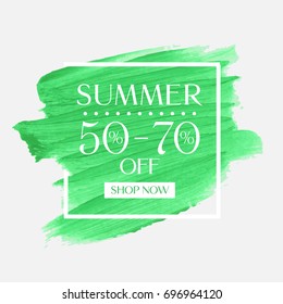 Summer Sale 50 - 70% off sign over watercolor art brush stroke paint abstract background vector illustration. Perfect acrylic design for a shop and sale banners.