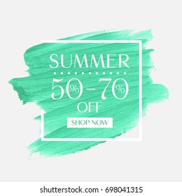 Summer Sale 50 - 70% off sign over watercolor art brush stroke paint abstract background vector illustration. Perfect acrylic design for a shop and sale banners.