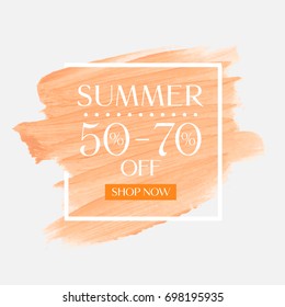 Summer Sale 50 - 70 percent off sign over watercolor art brush stroke paint abstract background vector illustration. Perfect acrylic design for a shop and sale banners.