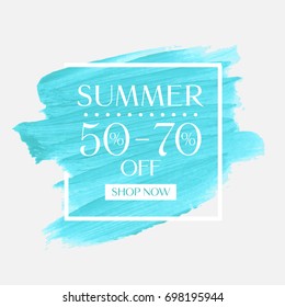 Summer Sale 50 - 70 percent off sign over watercolor art brush stroke paint abstract background vector illustration. Perfect acrylic design for a shop and sale banners.