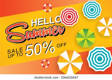 Summer sale 50% banner design template vector with text layout and umbrella color top view, bird eye view, flat design theme