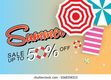 Summer sale 50% banner design template vector with text layout and umbrella color top view, bird eye view, flat design theme