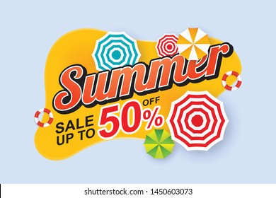 Summer sale 50% banner design template vector with text layout and umbrella color top view, bird eye view, flat design theme
