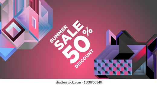 Summer Sale 50% Discount Banner with Colorful Abstract Geometric Background Pattern
