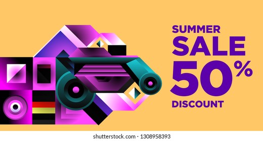 Summer Sale 50% Discount Banner with Colorful Abstract Geometric Background Pattern
