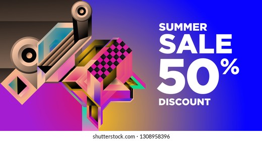 Summer Sale 50% Discount Banner with Colorful Abstract Geometric Background Pattern

